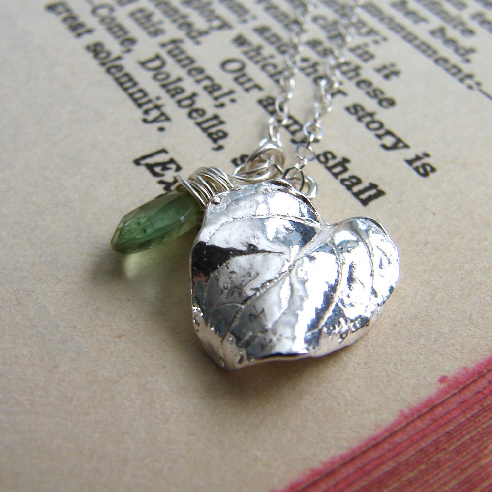 Silver Leaf Pendant. August Birthstone Necklace. Silver Necklace. Leaf Pendant with Peridot