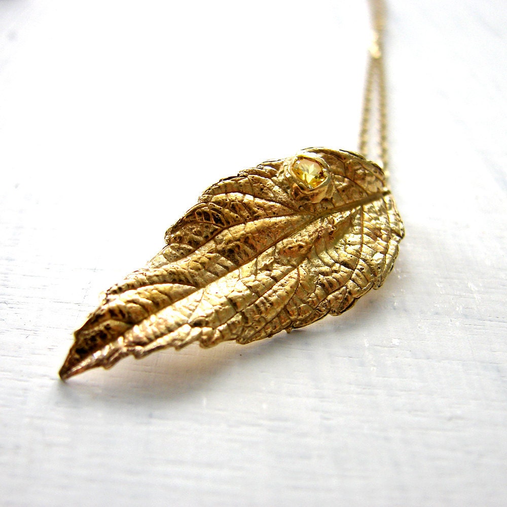 Leaf Pendant. Gold Topaz Necklace. Gold Leaf Necklace