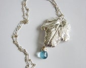 Bridal Jewelrys. Silver Leaf Necklace. Statement Jewelry. Silver Leaf Blue Teardrop Necklace.