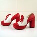Vintage 1970s Platform Shoes Made by Qualicraft Red and White Saddle Oxfords size 7
