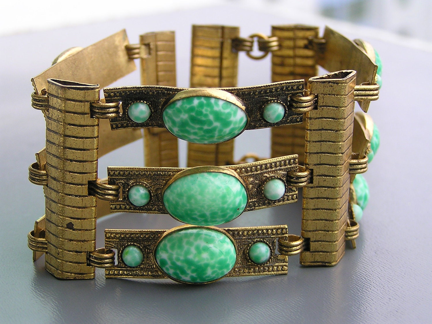 Wide Vintage Czech Peking Glass Brass Bracelet Jewelry