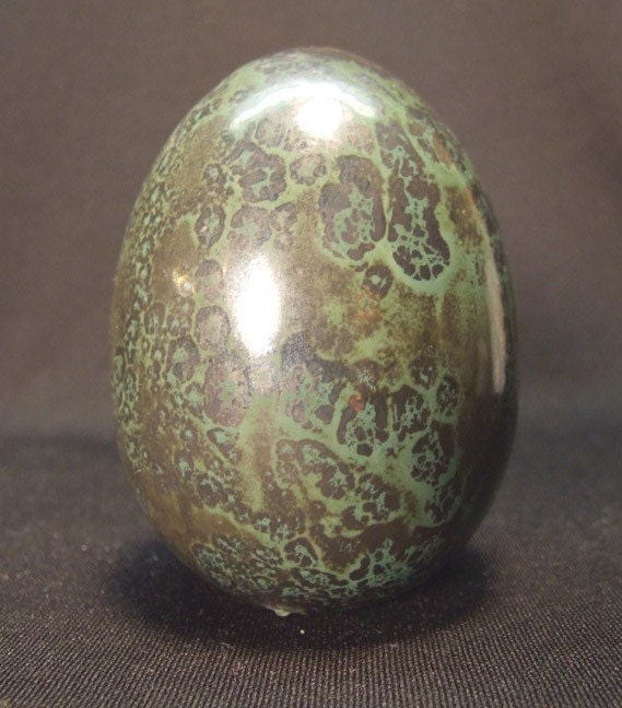 HARLEQUIN CERAMIC EGG for gothic decor victorian cabinet of curiosities. Stunning malachite/green jasper metallic finish