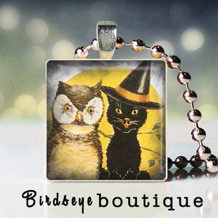 Owl and happy cat scrabble tile pendant
