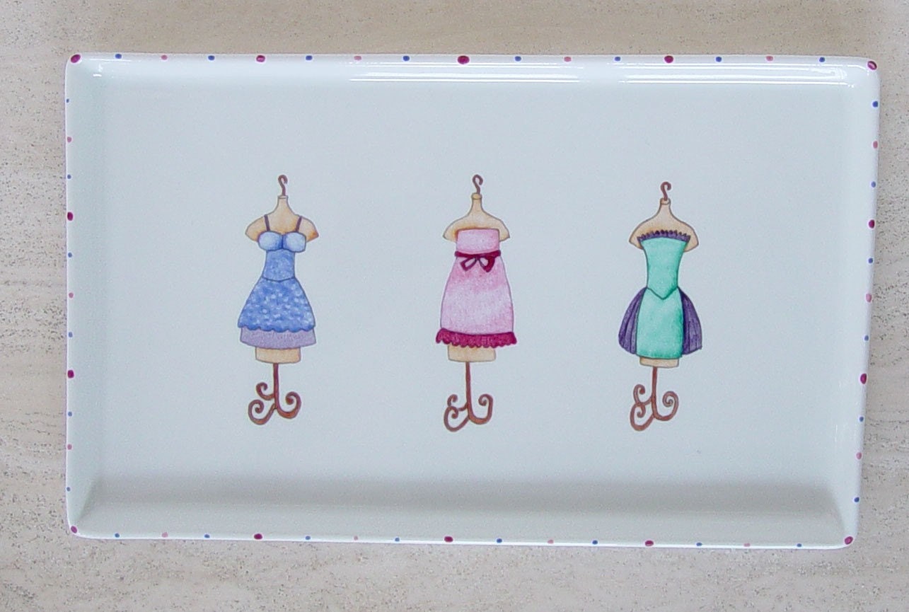 Porcelain tray hand painted with dress maker's dress forms for bed and bath or valet