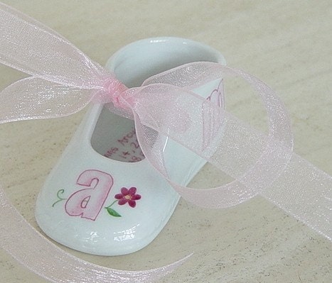 Hand painted porcelain custom personalized monogrammed baby shoe ornament