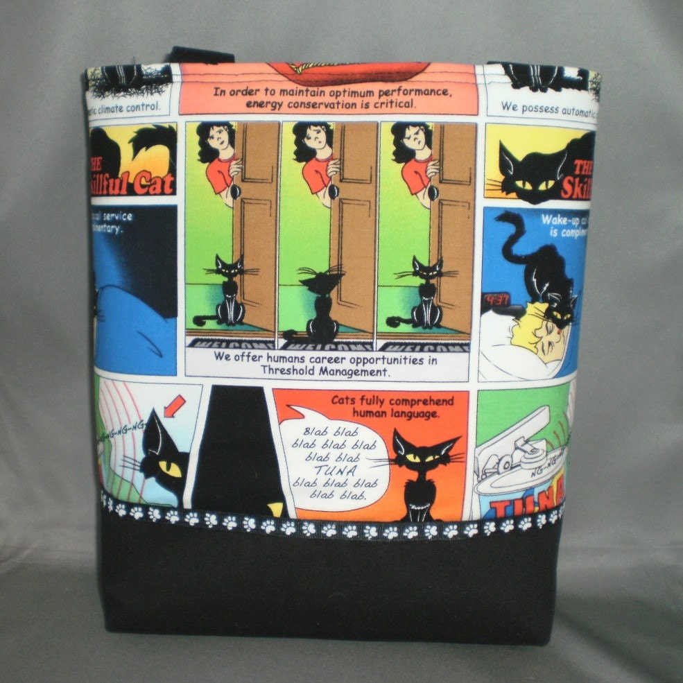 Medium Tote Bag - Purse  - Cotton Fabric -  SKILLFUL CATS - Kitties - Cartoon
