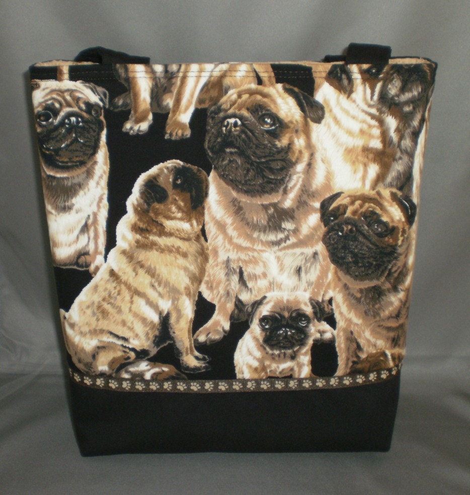 Tote Bag Purse - PUGS  - Shoulder Bag - Medium Sized Purse - Dogs, Puppies, Paw Prints