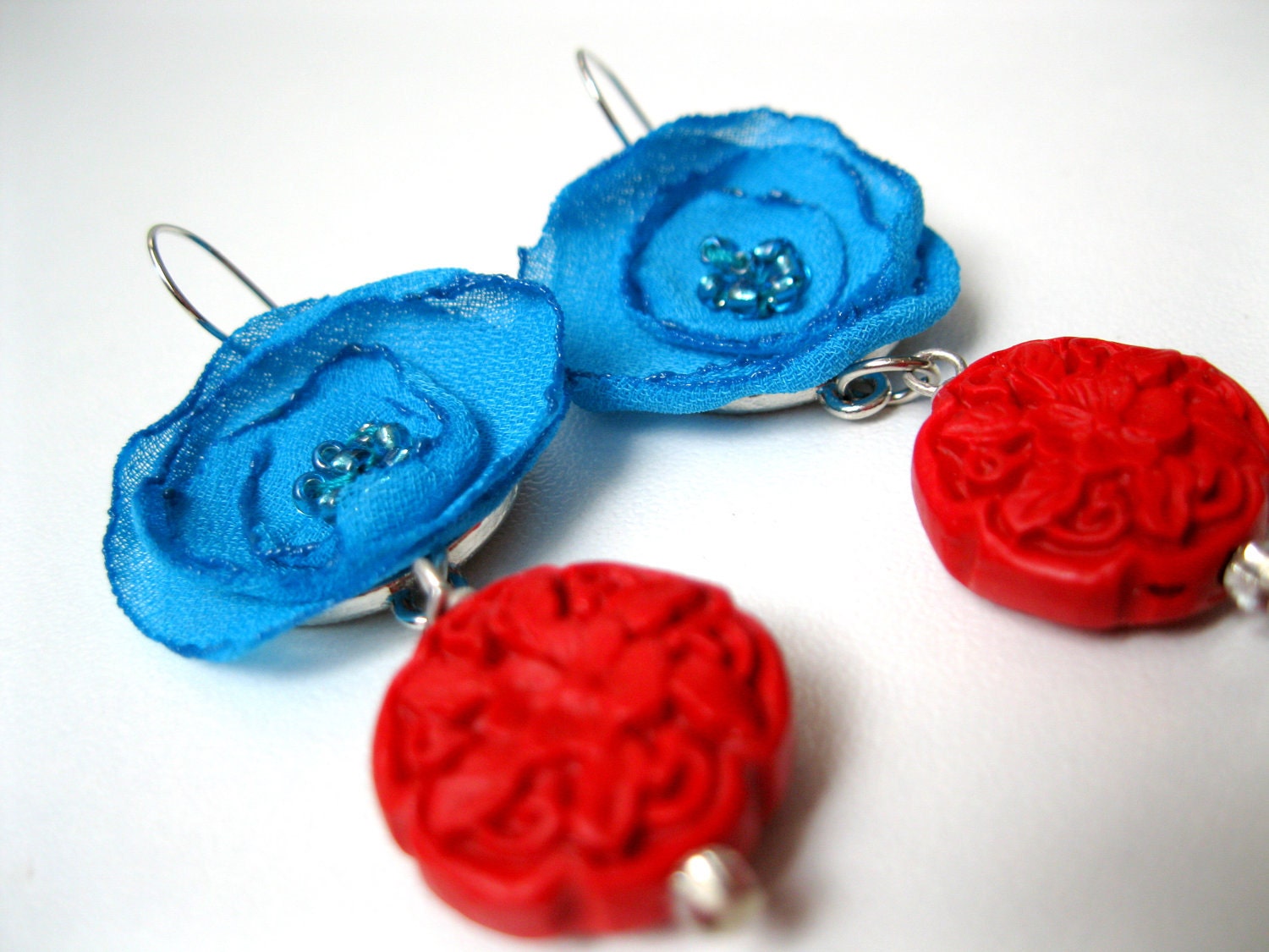 Flower Earrings  Red and Turquoise  Forever Blooms