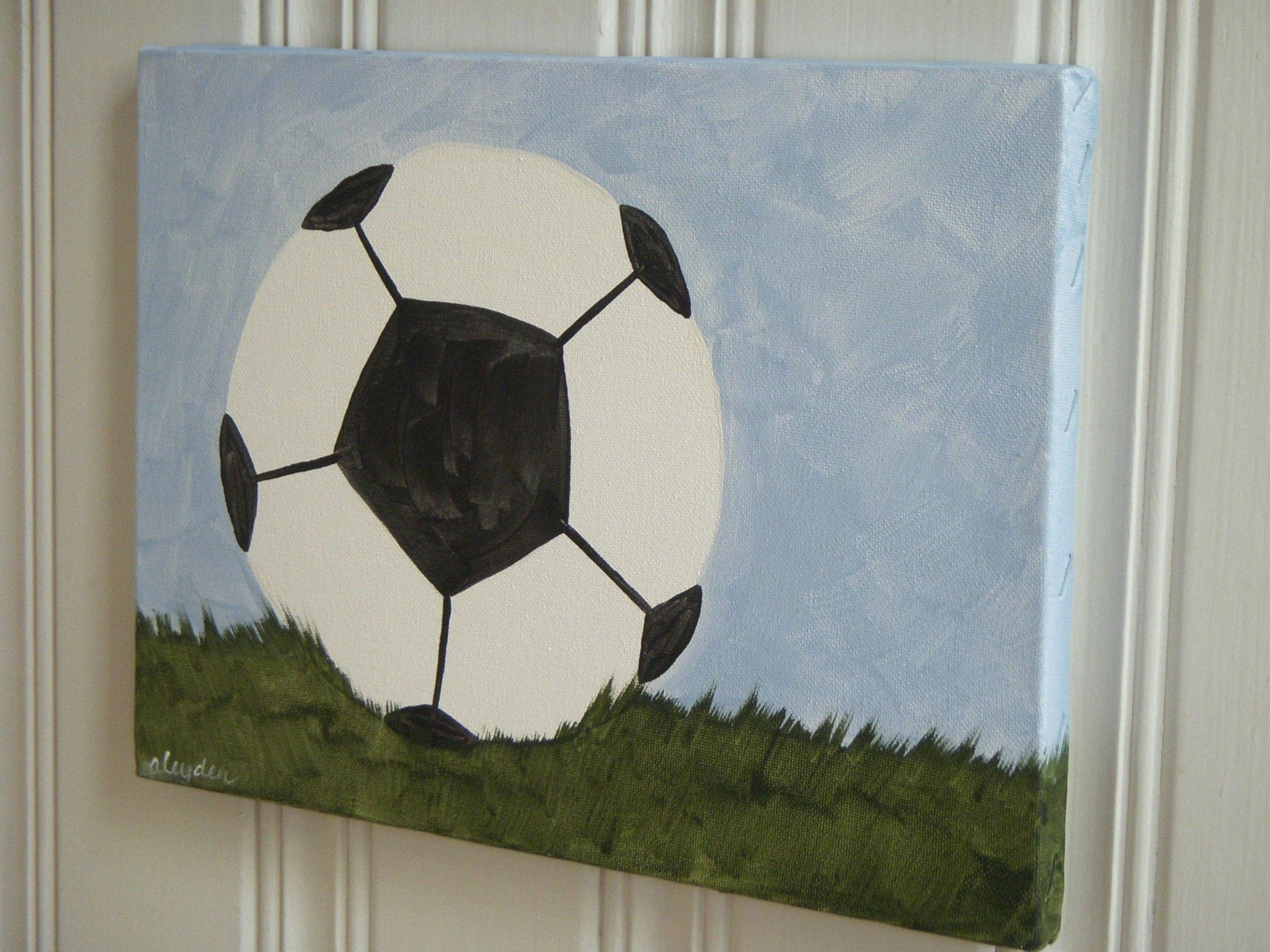 boys kids room decor..baby nursery wall art..original canvas painting..painted artwork..11 x 14 sports ball field grass "soccer time"