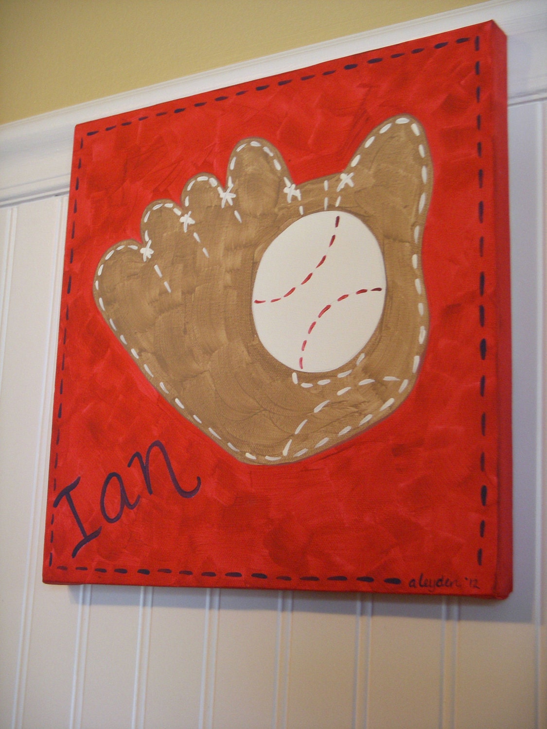 boy kid room decor..baby nursery wall art..original canvas painting..PERSONALIZED artwork..12 x 12 baseball mitt glove ball sports red