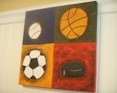 boy kid room decor..baby nursery wall art..original canvas painting..artwork..12 x 12 baseball basketball soccer hockey sports collage