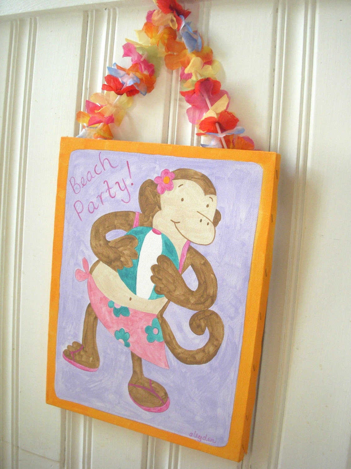 girl kids room decor..baby nursery wall art..original canvas painting..hand painted artwork..11 x 14 monkey luau lei hawaiian "beach party"