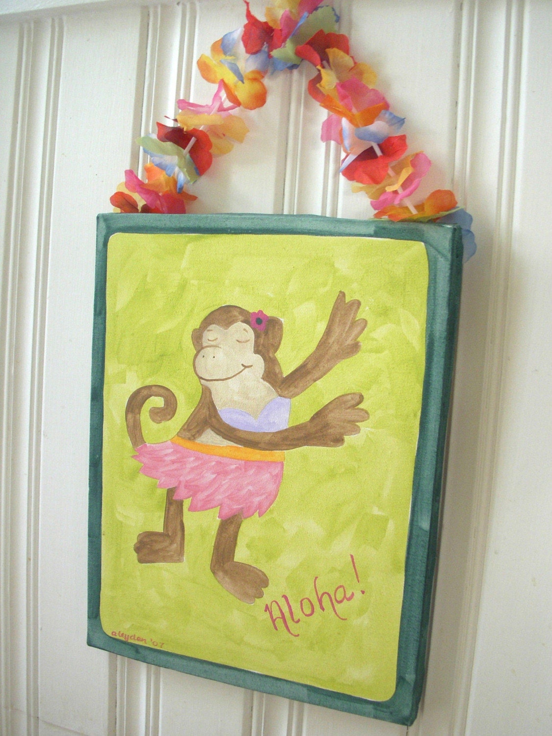 girl kids room decor..baby nursery wall art..original canvas painting..hand painted artwork...11 x 14 hawaiian luau surf lei "aloha monkey"