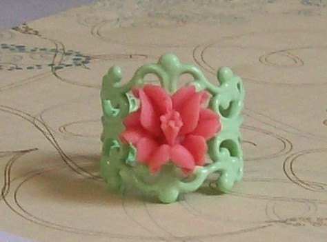 Green Solid Brass Filigree Ring with Coral Pink Lily, Flower ring, Coral lily flower ring,