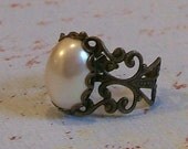 Anne Boleyn Ring, Hunger Games inspired Peeta's Pearl ring- Antique Brass Filigree Ring with Vintage Pearl Cabochon-brass or silver