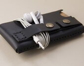 Hand Stitched Leather iPhone / iPod Touch Case with cable clamp - Black