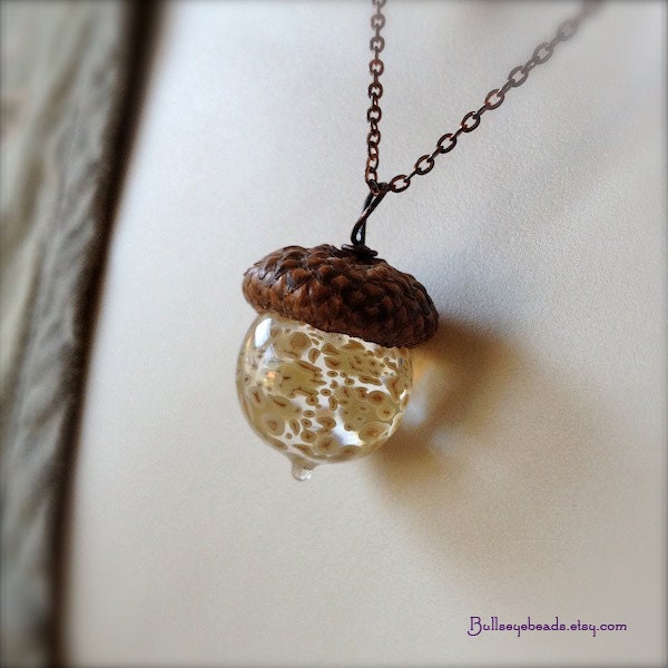 Glass Acorn Necklace - Dappled Ivory Oatmeal by Bullseyebeads