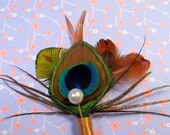 Peacock boutonniere earthy wedding boutineer copper gold lapel pin wedding feather pin groomsmen pin peacock wedding flower lapel pin brown