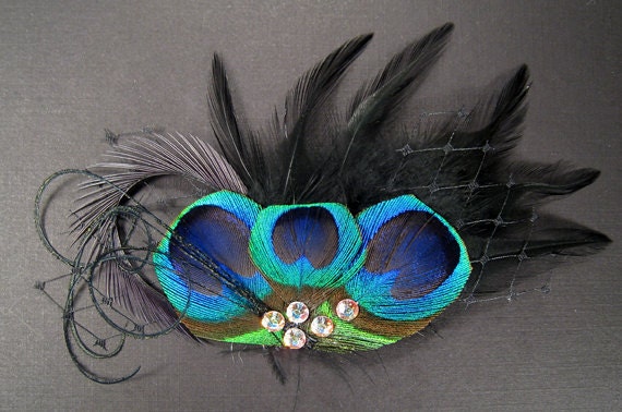 Gothic mini veil black feather headpieces peacock eye dark birdcage goth bird cage veil feathers hair pieces