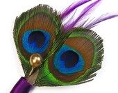 Peacock groomsmen purple wedding boutineer pins grooms feather boutonniere or pin corsage peacock wedding feathers plum eggplant purple