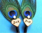 2 Peacock boutineer wedding initials peacock wedding monogrammed boutineer engraved wood pins customized wedding peacock feather pins men