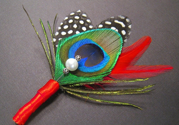 Red wedding boutineer peacock wedding boutonniere groomsmen lapel Chinese wedding red men lapel pins goth wedding bouteneer Asian wedding