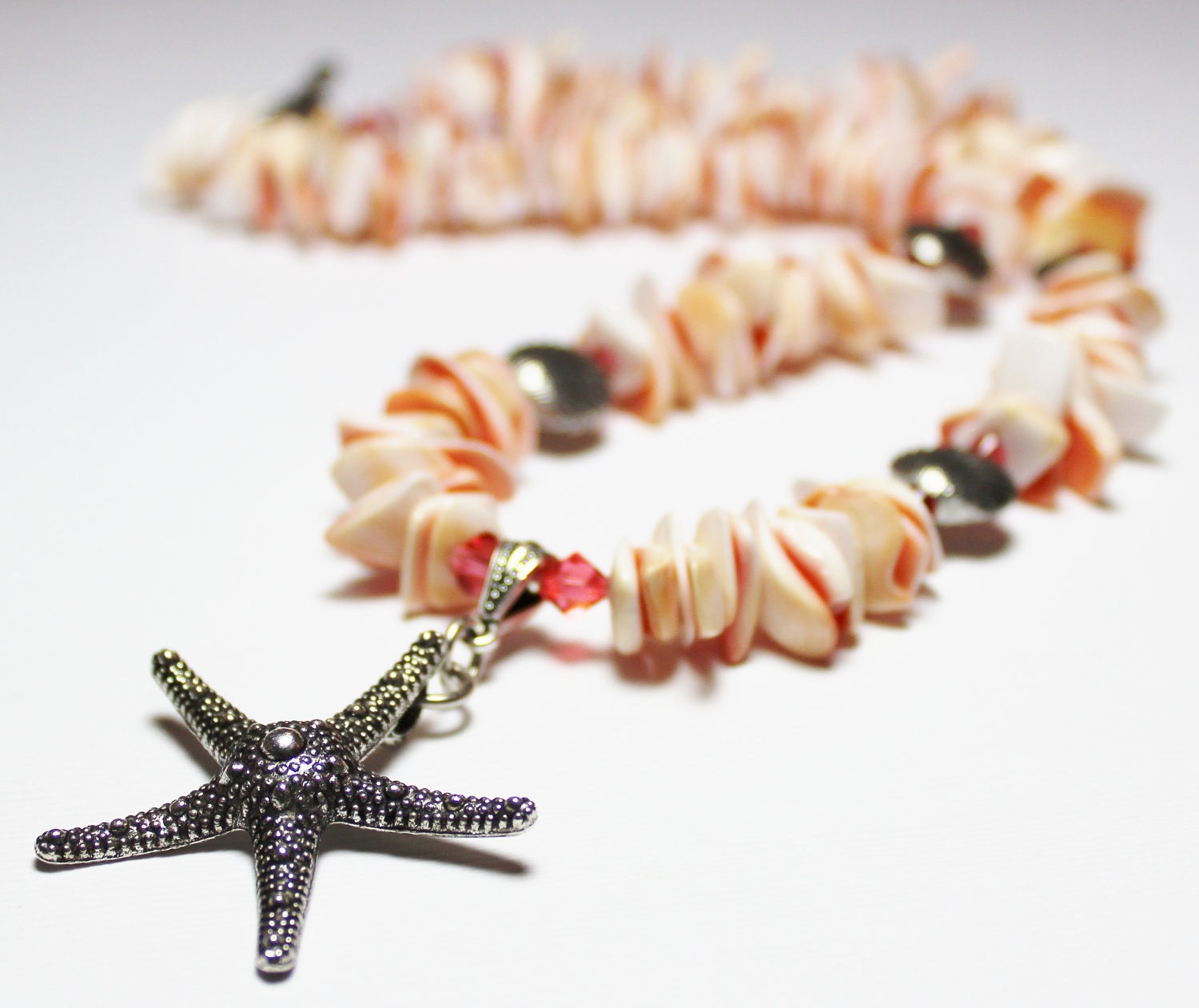 Handmade Jewelry Necklace Starfish Seashell Pendant Beach Silver Peach Pink Ivory Crystal Chunky Resort Wear Vacation Mermaid...Sea Goddess