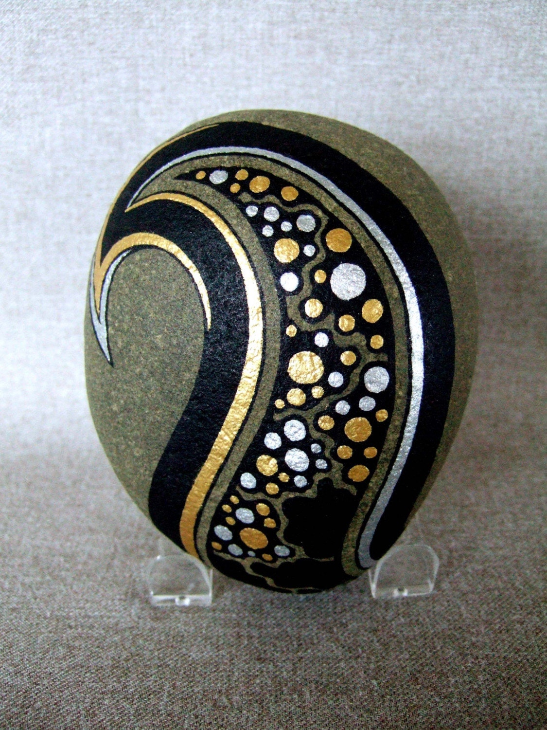 Painted Galaxy Design Rock, Black, Gold and Silver Stars