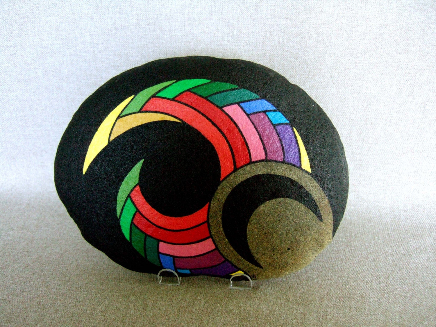 Unique 3-D Art, Hand Painted Rock, Home or Office Decor, Multi Colors on Black, OOAK, Perfect Gift For Someone Who Has Everything
