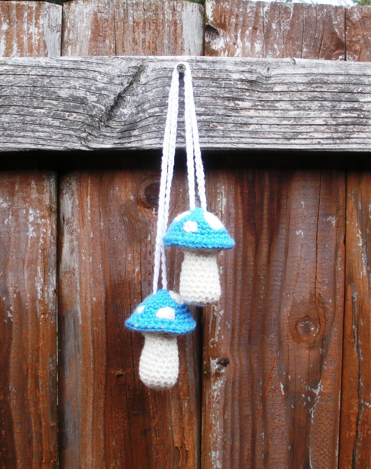 Plush Crochet Blue Hanging Mushroom Toadstool Stuffies, Patchouli Scented, ready to ship.