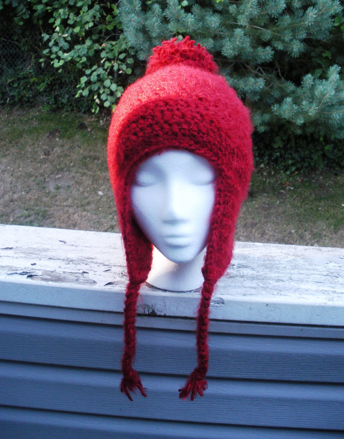 Ultra soft Crochet earflap beanie with pom pom poof in Deep Red, ready to ship.