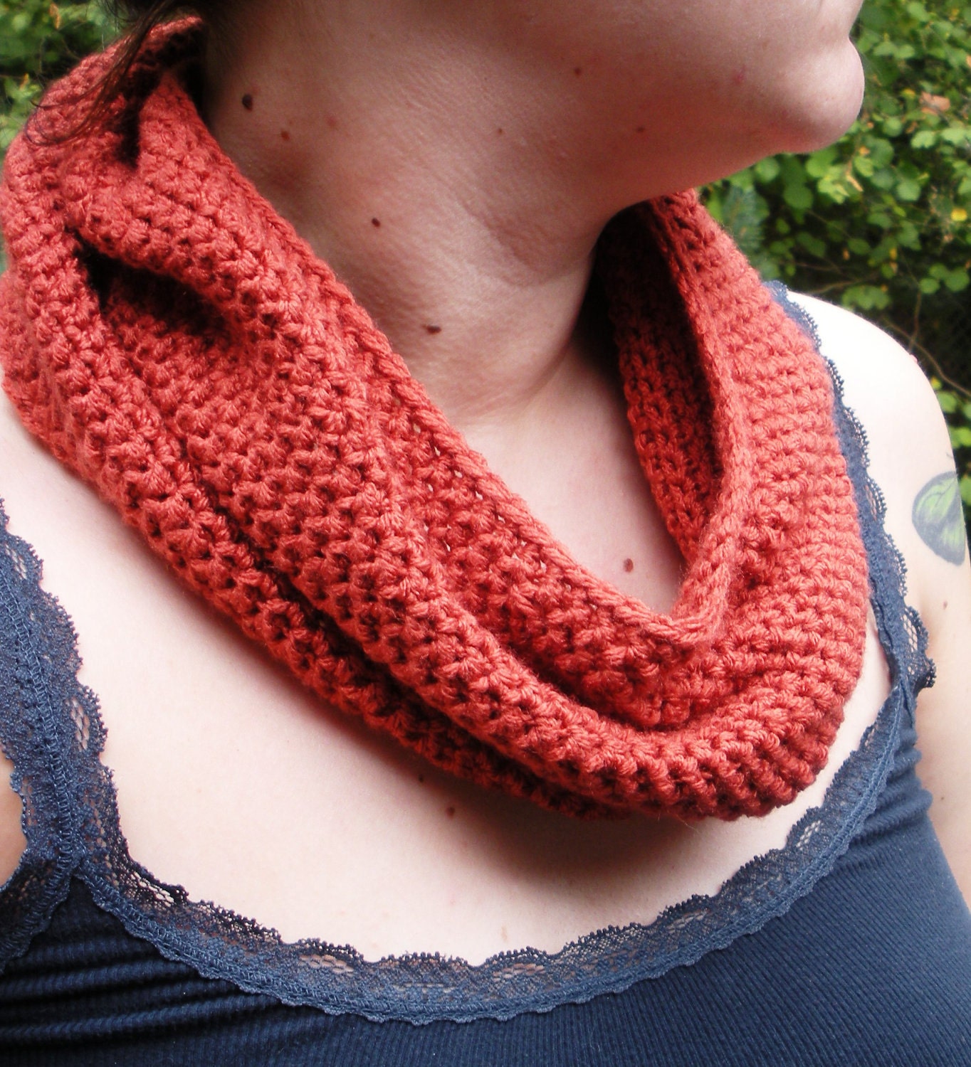 Peach Rust Crochet Cowl circular scarf neck warmer, unisex, ready to ship.