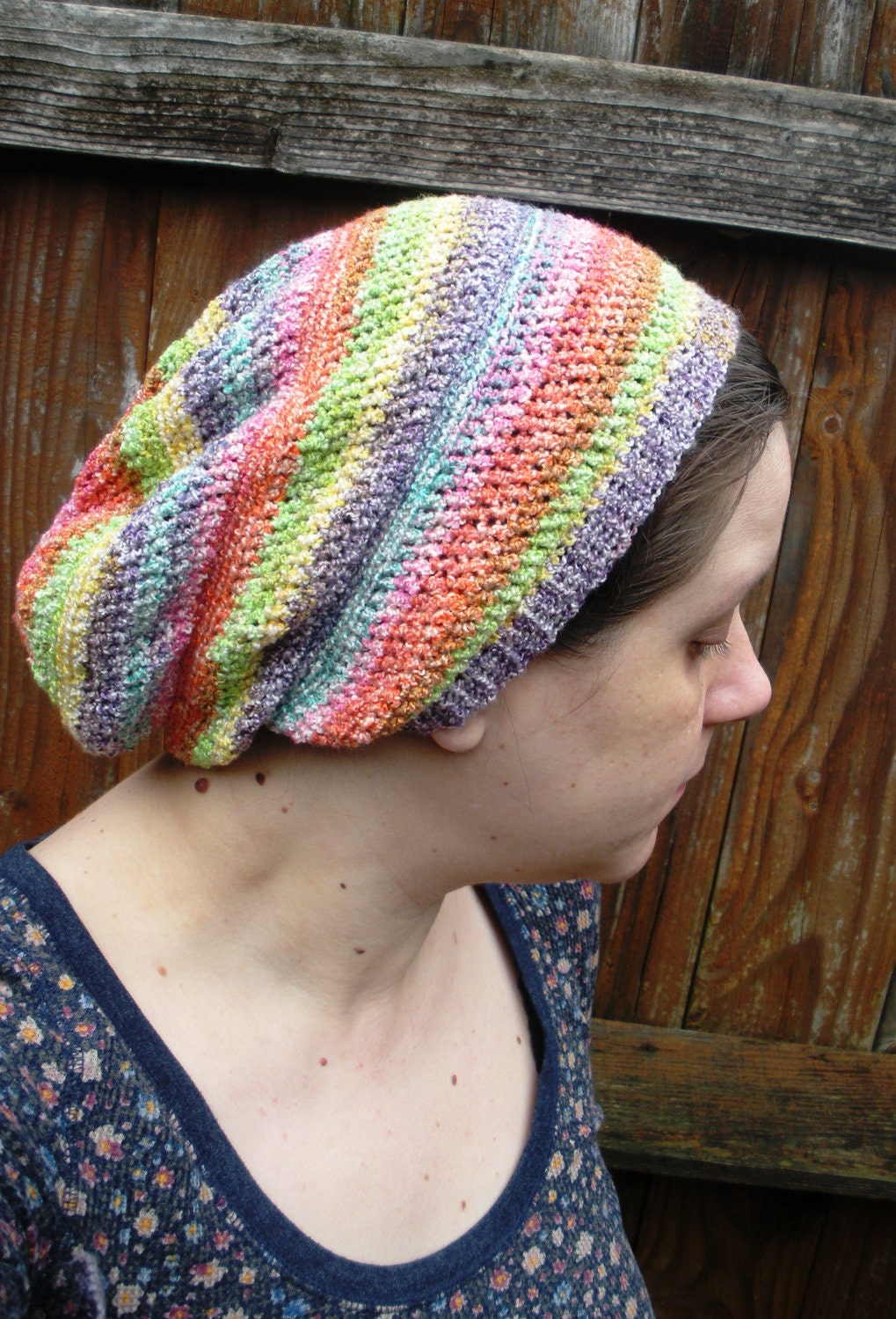 Pastel Rainbow Striped Crochet Slouchy Tam Beanie Hat Spring fashion, MADE TO ORDER.