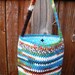 Crochet Shoulder Purse in Turquoise and Multicolor Stripes with star print lining, ready to ship.