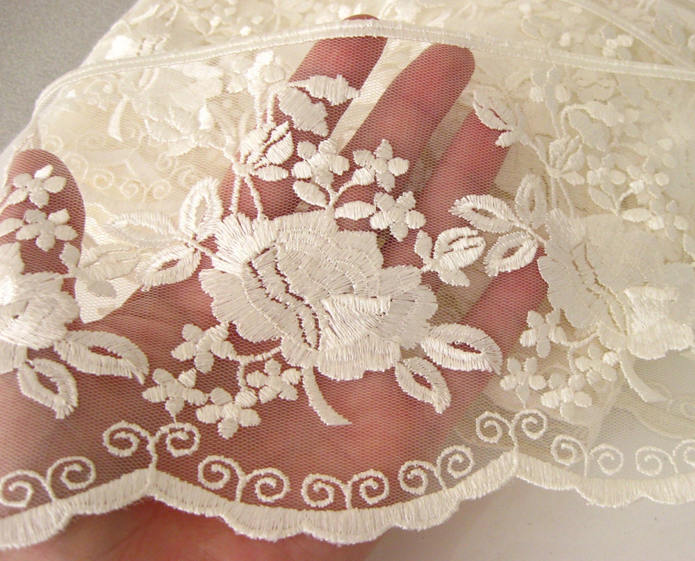 Ivory Tulle Wide French Lace Trim with Floral Pattern