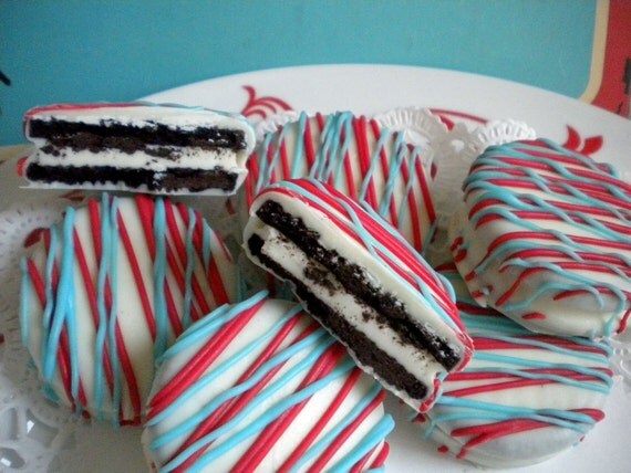 Thomas The Tank Engine Dr. Seuss Theme Birthday Party Favors Aqua Blue and Red Chocolate Covered Oreos Cookies Wedding Favors Baby Shower