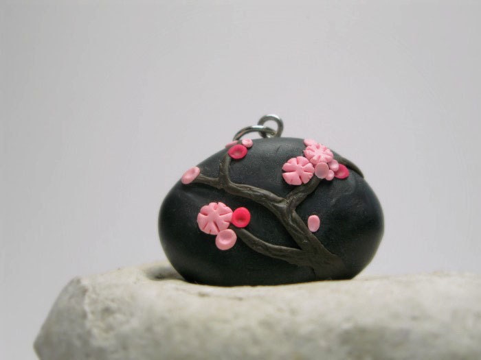 Polymer Clay Cherry Blossoms River Stone Pendant . Blossoms Collection . Original Artwork