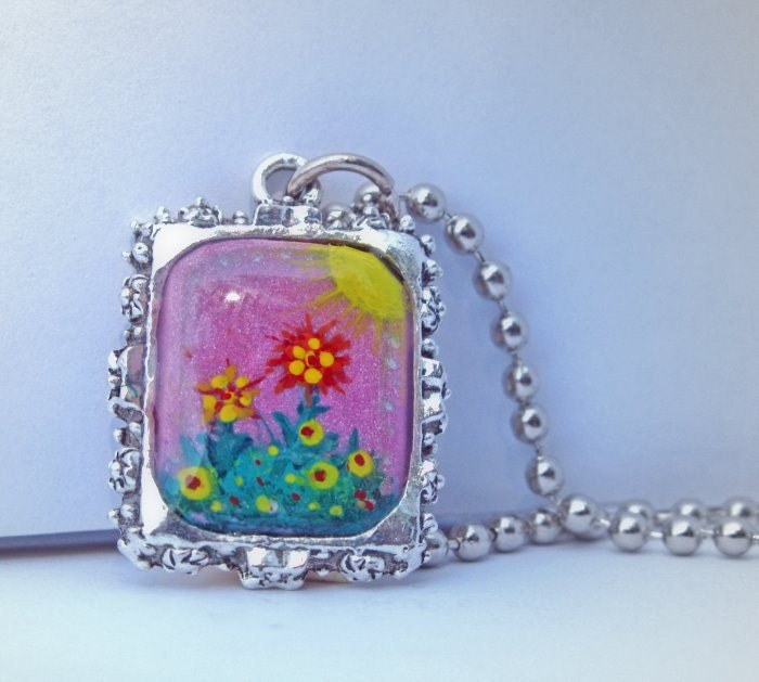 Hand Painted Necklace - Wildflowers Love Sunshiny Days - Original Artist Acrylics Handpainted Art Charm on a Ball Chain Necklace
