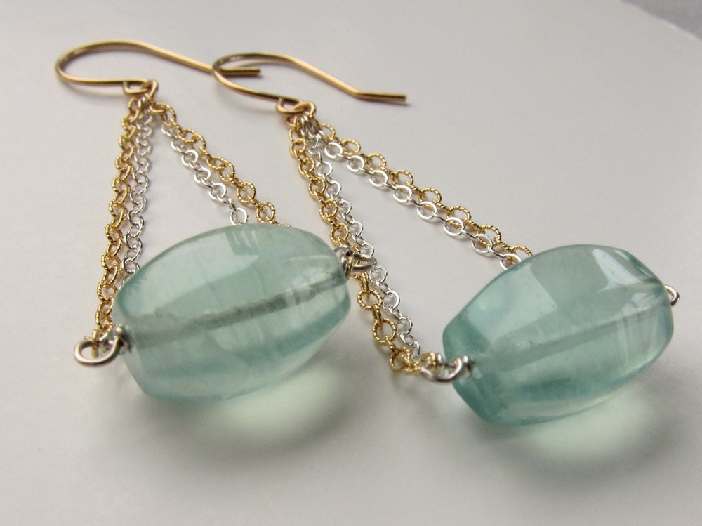 Green Fluorite Earrings with Gold and Sterling Chains - Dangly, Gemstone Earrings