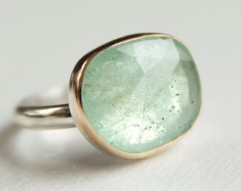 Colombian Emerald Ring in Recycled 14k Gold and Sterling Silver -Free Form Rose Cut Gemstone