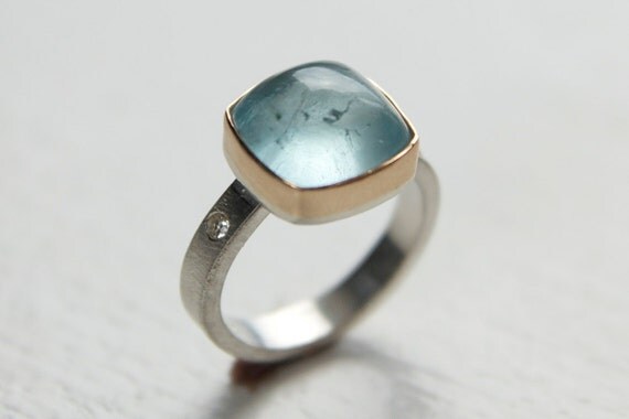 Aquamarine and White Sapphire Ring in Recycled 14k Gold and Sterling Silver