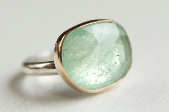 Colombian Emerald Ring in Recycled 14k Gold and Sterling Silver -Free Form Rose Cut Gemstone