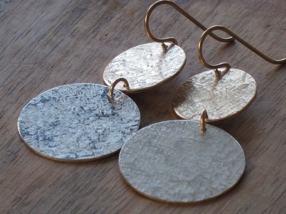 Large Disc Earrings in Sterling Silver and 14K Gold Fill Modern Texture