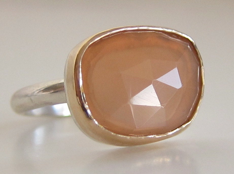 Peach Moonstone Ring in Recycled 14k Gold and Sterling - Rose Cut Free Form Stone