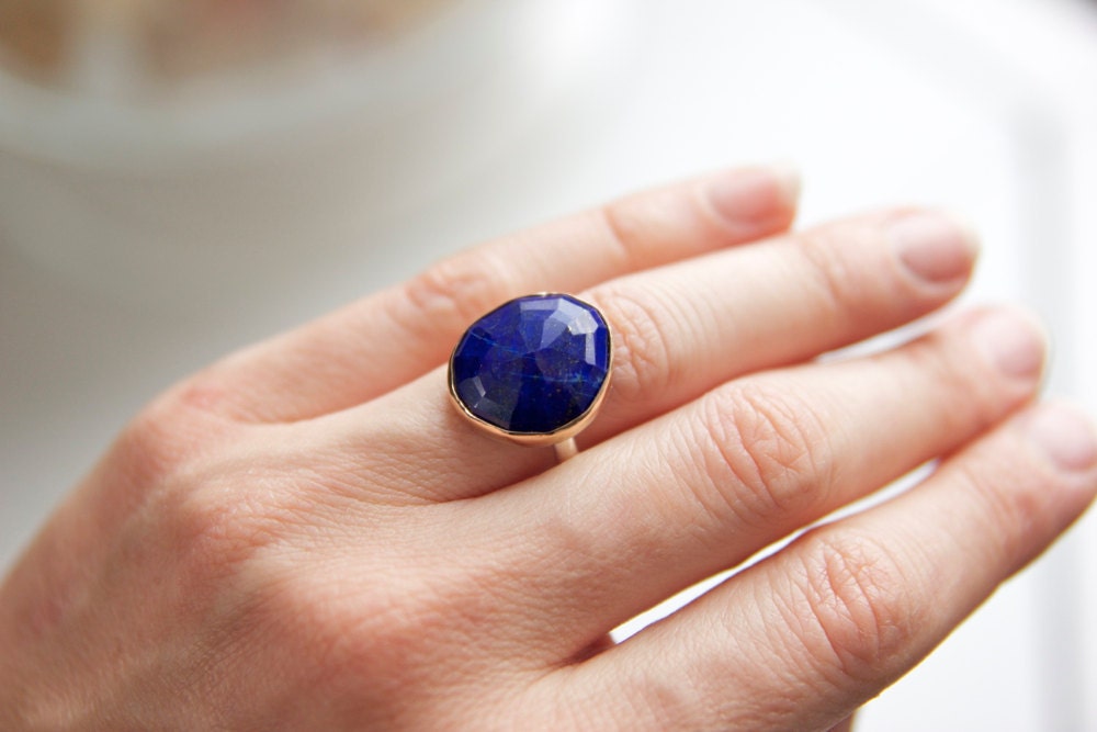 Lapis Ring in Recycled 14k Gold and Sterling Silver - free form rose cut stone