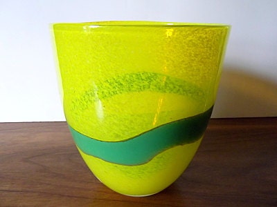 Vintage Yellow, Teal Swedish Art Glass Bowl, Vase, Bertil Vallien