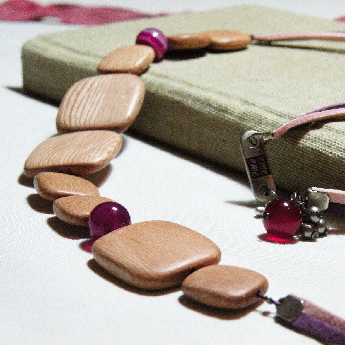 wooden Necklace -  Rose wood and pink dyed agate stone beads  -  statement necklace
