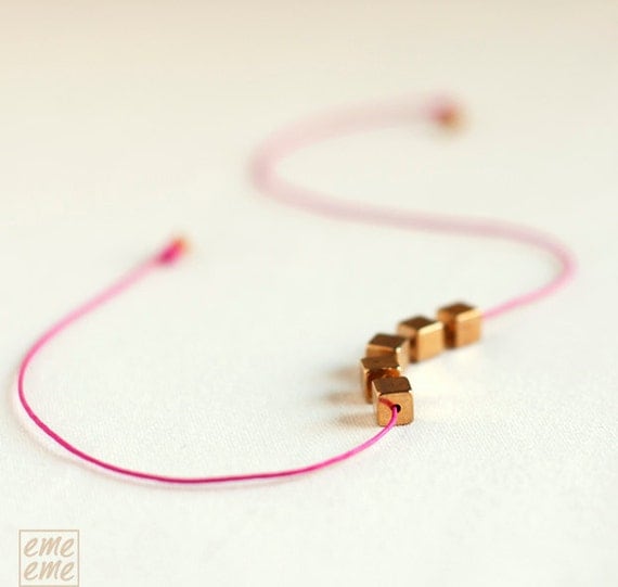Necklace Vintage Brass Cubes and Fuchsia cotton cord - holiday jewelry - Neon Womens - neon jewelry - choker - Mother's Day Gifts