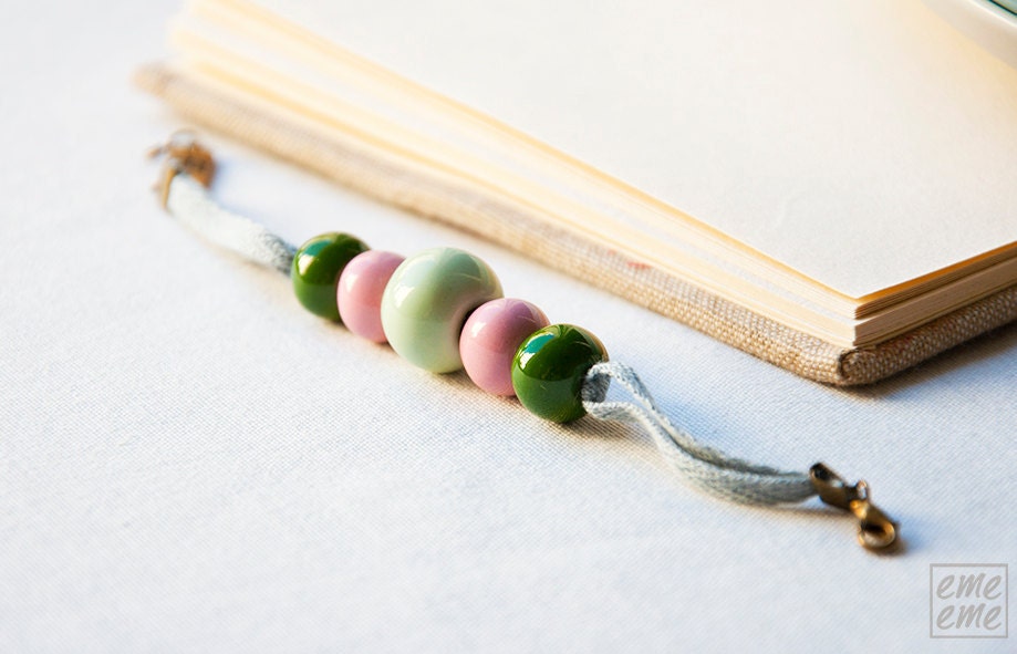 Ceramic Bracelet - Green and Pink ceramic beads and light blue ribbon - porcelain jewelry - friendship bracelet - women mint fashion