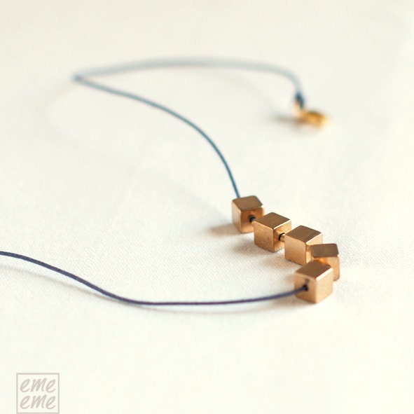 Necklace Vintage Brass Cubes and blue cotton cord - metallic jewelry - choker - Mother's Day Gifts